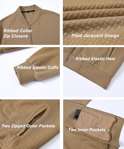 Image of YuKaiChen Mens Lightweight Bomber Jacket Casual Plaid Jacquard Varsity Jacket Coat with Zipper Pockets