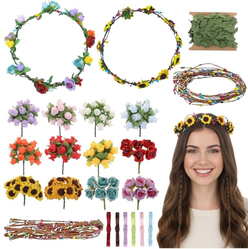 KorViSHOW DIY Flower Crowns Making Kit, 149 Pcs Handmade Rose Sunflower Floral Headband Making Kit, DIY Creativity Fairy Flower Hair Accessories Craft Set for Women Make Your Own Princess Arts Gifts