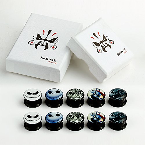 KUBOOZ(5 Pairs) Smiling-Skull Acrylic Ear Plugs Tunnels Gauges Stretcher Piercings 2g to 30mm