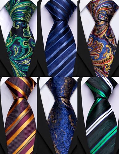 Image of Barry.Wang Mens 6 PCS Ties Silk Striped Paisley Check Floral Necktie Silky Woven Wedding Business Party Ties 3.34 inch