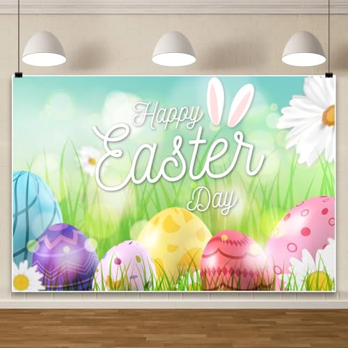 Ttincceer 2.2x1.5m Joyeux Jour de pâques Toile de Fond coloré Oeufs de pâques Herbe Marguerite Baby Shower Photo Fond Printemps Fleur Floraison garçon Fille 1er Anniversaire fête décors bannière