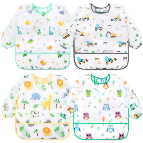 Image of Accmor 4 Pack Long Sleeve Bibs, Baby Smock Waterproof Sleeved Bib Smock for Baby Toddler 6-36 Months