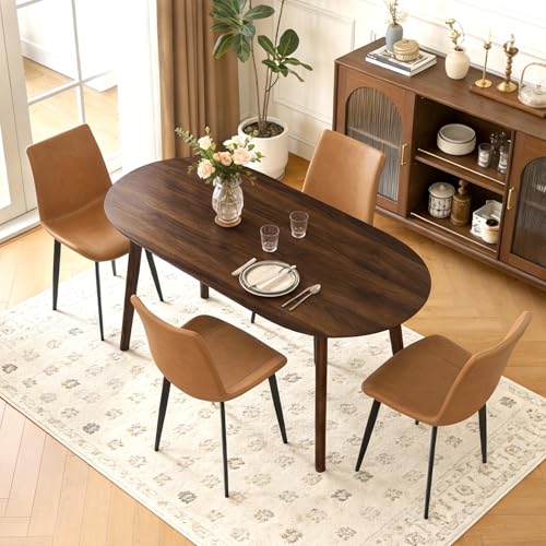 domusdisn 63 Oval Dining Table Set for 4, 5 Piece Modern Dining Table Set for Kitchen and Dining Room Furniture, Solid Wood Legs Dining Table with 4 PU Leather Chairs(Walnut Table+4 Brown Chairs