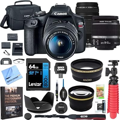 Canon T7 EOS Rebel DSLR Camera with EF-S 18-55mm f/3.5-5.6 is II and EF 75-300mm f/4-5.6 III Lens Plus Double Battery, Memory Card, Deluxe Case, Cleaning Kit and Mini Tripod Accessory Bundle