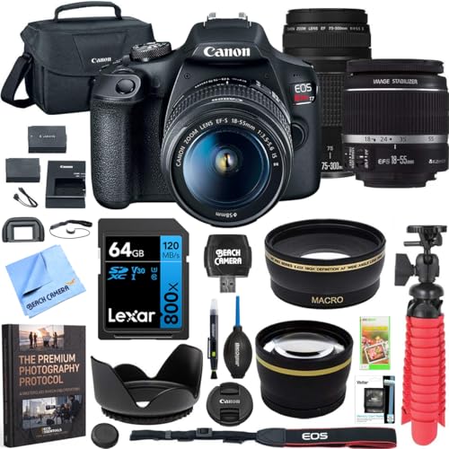 Canon T7 EOS Rebel DSLR Camera with EF-S 18-55mm f/3.5-5.6 is II and EF 75-300mm f/4-5.6 III Lens Plus Double Battery Memory Card Deluxe Case Cleaning Kit and Mini Tripod Accessory Bundle