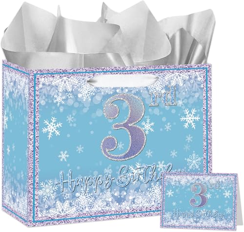 Large Snowflake 3rd Birthday Gift Bag Blue Three Years Old Gift Bag with Card and Tissue Paper Third Birthday Party Decorations for Girls Winter Theme Party Favors Celebrations Supplies