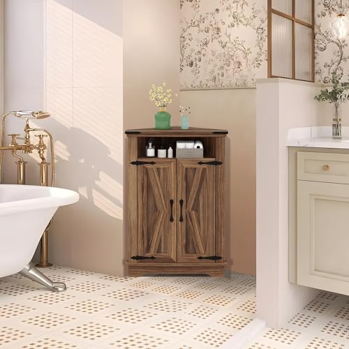 Joankaren Corner Storage Cabinet with Barn Door, Farmhouse Style Floor Standing Cabinet with Adjustable Shelves, for Living Room, Bathroom, Kitchen, Brown by JoanKaren - Image 3