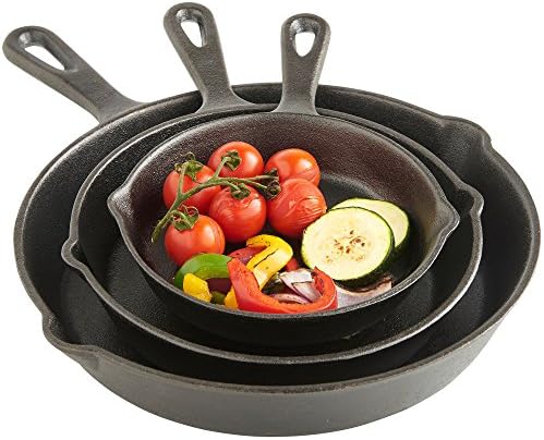 VonShef Cast Iron Skillet Set, 3 Piece Set of Cast Iron Pans and Skillets for Grilling, Frying, Searing & More, Universal Cast Iron Skillet Pan Design suitable for all Hobs