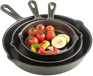 VonShef Cast Iron Skillet Set, 3 Piece Set of Cast Iron Pans and Skillets for Grilling, Frying, Searing & More, Universal Cast Iron Skillet Pan Design suitable for all Hobs