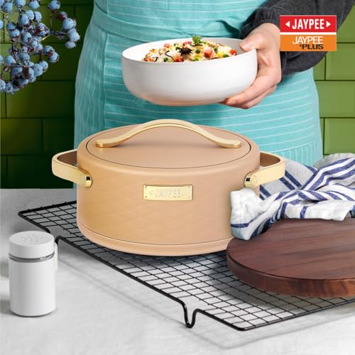 Image of JAYPEE Luxura Inner Stainless Steel Serving Casserole Set of 3 Elegance Unique Design PU Insulated 100% Food Grade with Lockable Lid, Chrome Plated Handle Hot Case |1500, 2000, 2500 ml, Brown