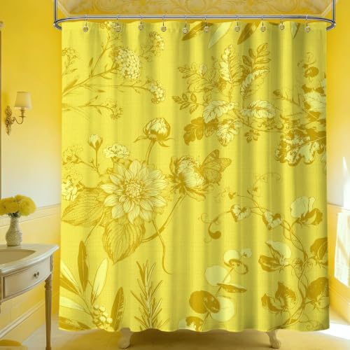 soeeao Mustard Yellow Vintage Botanical Shower Curtain, 60x72 in