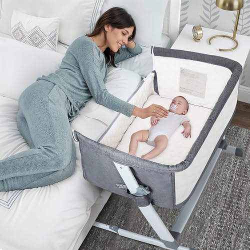 Image of PEARLOVE 3 in 1 Baby Bedside Sleeper, Bedside Crib with 6 Adjustable Height, Soft Mattress & Wheels, Portable Easy to Assemble, Baby Cribs for Infant Newborn