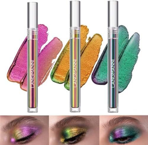 BIOKUSY 3 Pack Multichrome Liquid Eyeshadow, Chameleon Metallic Color Shifting, One-Swipe Coverage, Quick-Drying & Waterproof, Holographic Glitter Shimmer Eye Shadow Makeup Set (3 Pack Gift Kit)
