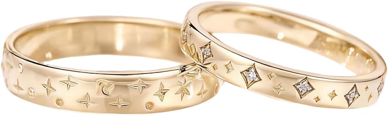 10K 14K 18K Gold Sun/Moon Star Couple Rings Couple Wedding Bands for Him and Her Matching Couple Rings Size 3-16