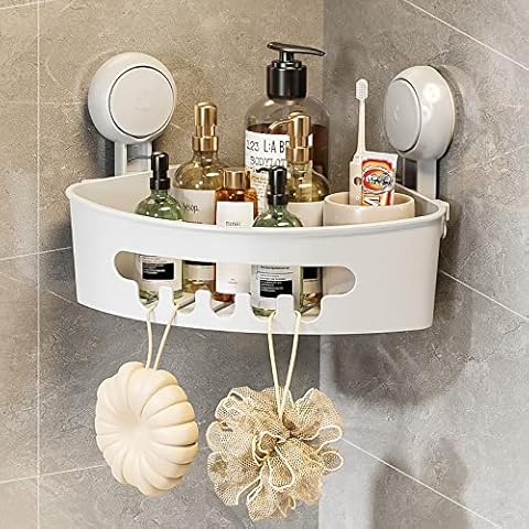 LEVERLOC Corner Shower Caddy Suction Cup, Shower Caddy Basket Powerful Suction Bathroom Shower Shelf Waterproof & Rustproof Organizer for Bathroom Storage, No-Drilling Removable (White) Cover