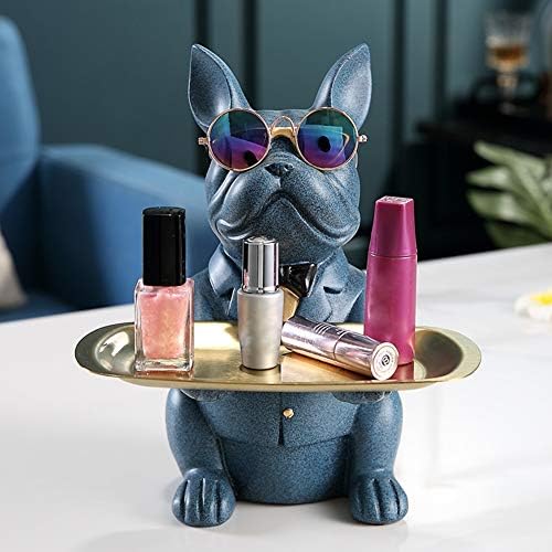 Resin Cool Dog Sculpture Bulldog Decorative Figurine Storage Tray Coin Bank Entrance Key Snack Holder Modern Art Statue Home Desktop Ornament Decoration(Blue)