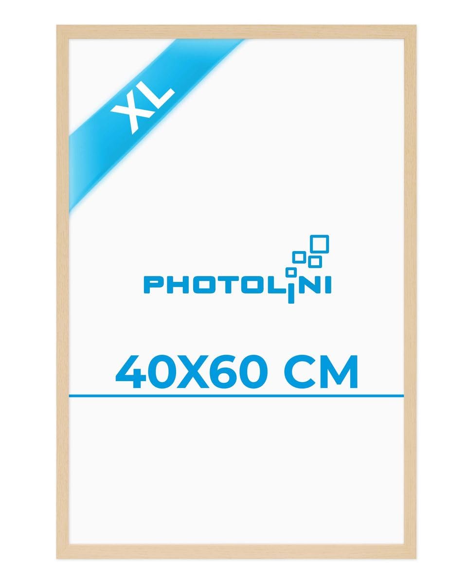PHOTOLINI Bilderrahmen 40x60 Holz MDF Natur, Bilderrahmen 60x40 natur, picture frame 40x60 mit bruchsicherem Acrylglas zum Aufhängen, Rahmen 60x40 mit extra Zubehör - für Fotos & Poster