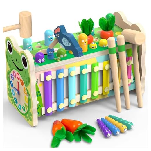 6 in 1 Wooden Montessori Toys for 1 Year Old Whack a Mole Game Hammering Pounding Toy with Xylophone Carrot Harvest Game Learning Developmental Toys Toddler Activities Gift Ages 1 2 3 4