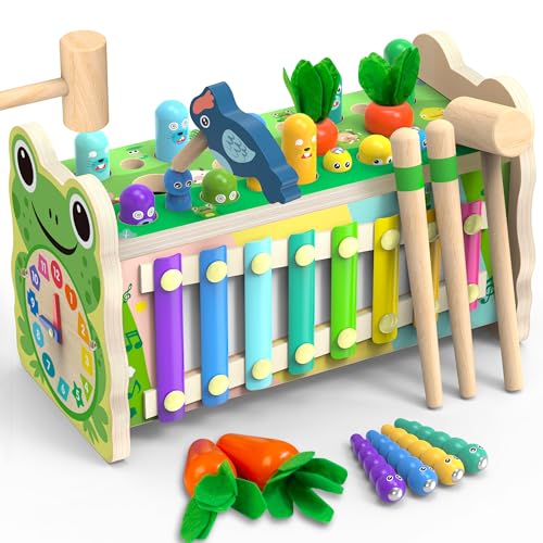 Amtreen 6-IN-1 Wooden Montessori Toys for 1 Year Old, Mole-Tapping Game | Play the Xylophone | Frog Clock | Carrot Harvest Game | Spinning Gear, Toddler Toys Aged 1-4, Baby Toy Gift for Early Learning