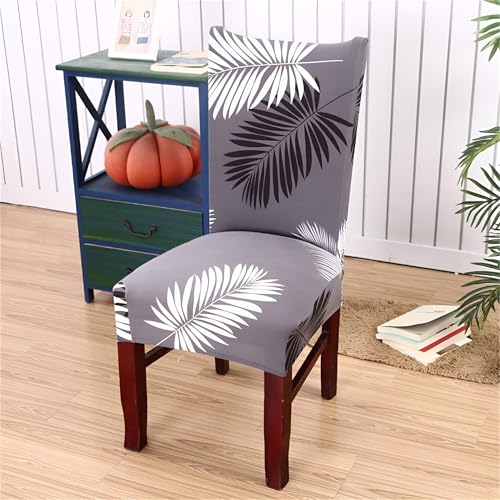 Image of Dining Chair Covers Set of 4, Stretchable Removable Washable Anti-Slip Universal Fit Printed Polyester Spandex Slipcovers (Grey Leaf)