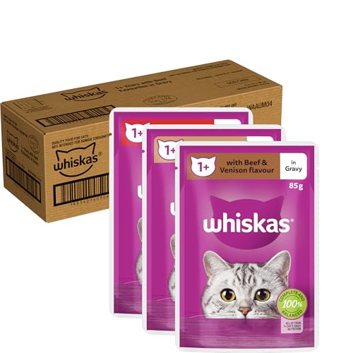 WHISKAS 1+ Years Wet Cat Food with Beef Favourites in Gravy 85g Pouch, 60 Pack