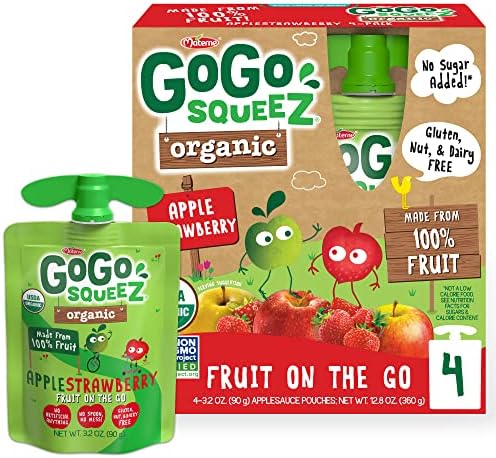 GoGo squeeZ Organic Fruit on the Go, Apple Strawberry, 3.2 oz. (4 Pouches) - Tasty Kids Applesauce Snacks Made from Organic Apples & Strawberries - Gluten Free Snacks - Nut & Dairy Free - Vegan Snacks