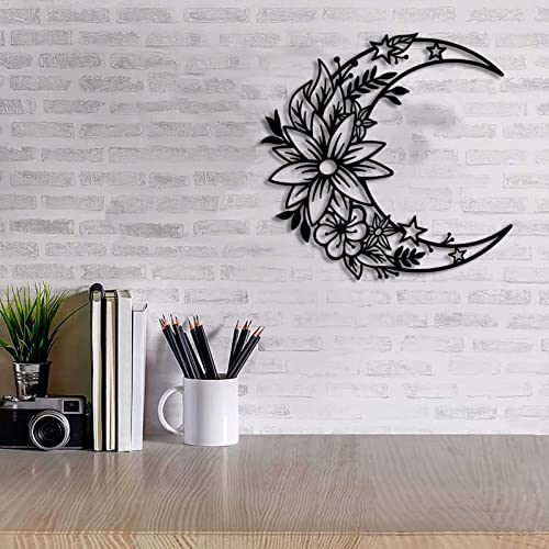 Moon Metal Art Decor, Black Boho Floral Moon Sculpture, Hollow Out Half Moon Flower Wall Silhouette For Outdoor Indoor Decor #TOP5