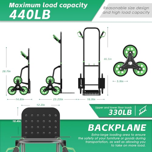 Stair Climbing Hand Truck 440lb,Heavy Duty Dolly Cart for Stairs,Thickened Upgraded Steel Tube Folding Stair Climbing Trolley with Six Wheels and Telescoping Handle