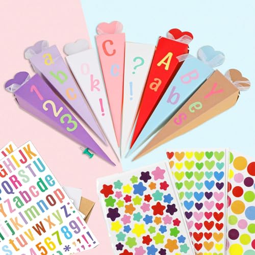 40 Stück Kleine Schultüten Geschwisterschultüte 20cm Zuckertüte zum Befüllen Geschenkboxen DIY Faltbare Schultüte mit 8 Aufklebern Band für Einschulung Geschenk Junge und Mädchen Schulkind Schulanfang