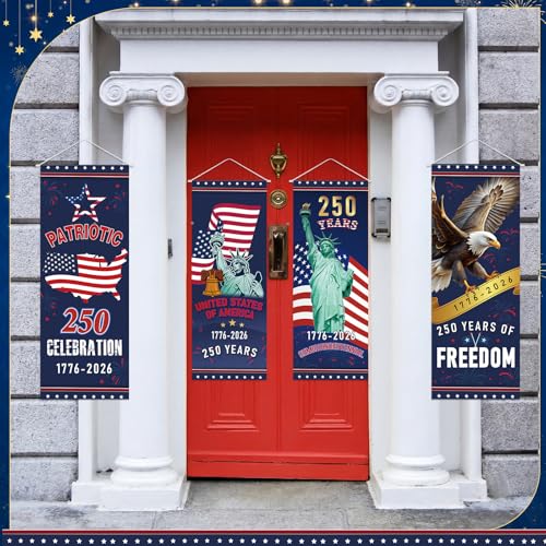Image of Panelee 4 Pcs 250th Anniversary Banner Decoration Patriotic American Flag Porch Banner 250th Anniversary Hanging Backdrop for Independence Day 4th of July Wall Indoor Outdoor Decor