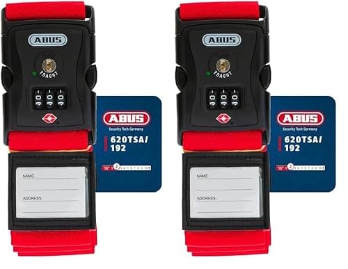 ABUS Kofferband mit TSA-Schloss 620TSA/192 - Koffergurt mit 3-stelligem Zahlencode - Namensschild inklusive - rot (Packung mit 2)