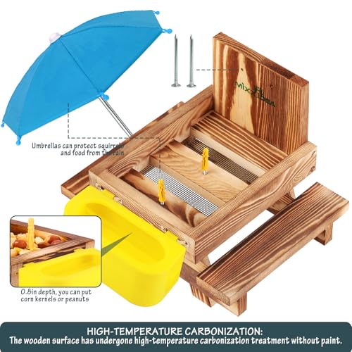 MIXXIDEA Wooden Squirrel Feeder Table with Water Bowl, Squirrel Picnic Table for Outside with Umbrella, Brown Squirrel Feeder with Corn Cob Holder Cute Chipmunk Feeder (Blue)