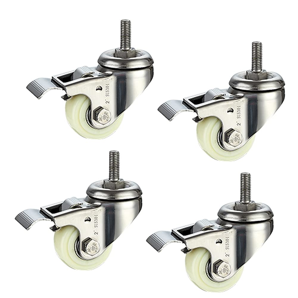 Ruote girevoli con filettatura M10 per mobili, 2 pollici, in acciaio inox 304, resistenti, 480 kg, silenziose, con freno, piccole ruote girevoli per tavolo, scrivania, carrello, 4 pezzi (304STEEL 2 po