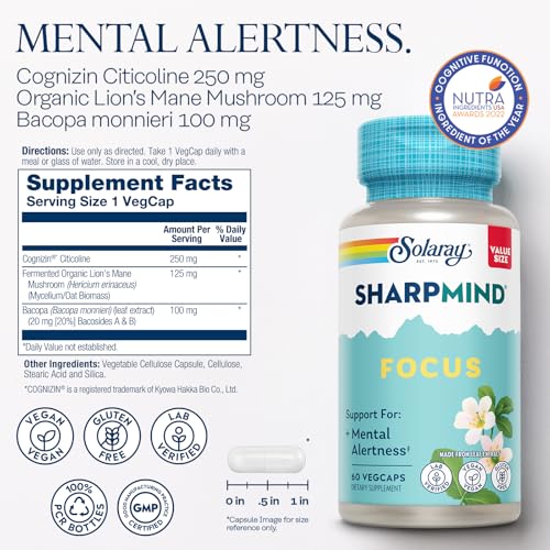 Image of SOLARAY SharpMind Focus, Mental Alertness Nootropic Supplement for Healthy Brain Fog, Cognizin Citicoline, Lions Mane Mushroom, Bacopa Monnieri, 60 Day Money Guarantee, 60 Serv 60 Veg Caps