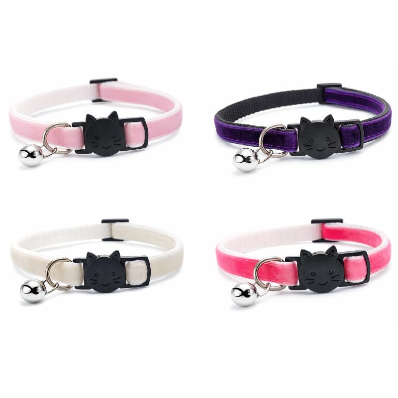 Velvet Cat Collars with Bell. Safe Quick Release Breakaway Buckle | Zacal Cat Collars (Pack of 3) (Deep Purple + Baby Pink + Cream + Fuchsia, Pack of 4)
