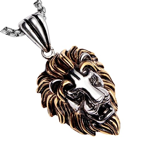 Gold & Silver Two Tone Lion Head Necklace for Men & Women - Pendant with Couple Chains (20" + 24") - Stainless Steel - Halloween Costume Accessories Jewelry2