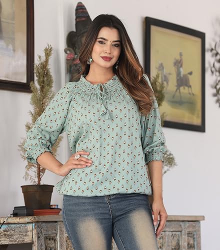 Image of Himanshi Enterprises Women's Traditional 3 /4 Sleeves Mandarin Nack Rayon Floral Printed Short Kurti