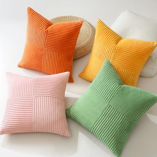 Housse de coussin 55x55 velours côtelé patchwork rayures croisées deco lit - 6