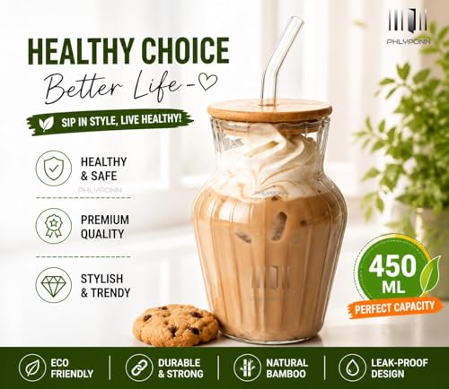 Image of COOLBIT 450ml Premium Clear Glass Tumbler with Bamboo Lid & Glass Straw, Reusable Juice Cup for Water, Smoothies, Iced Coffee - Durable & Eco-Friendly Design