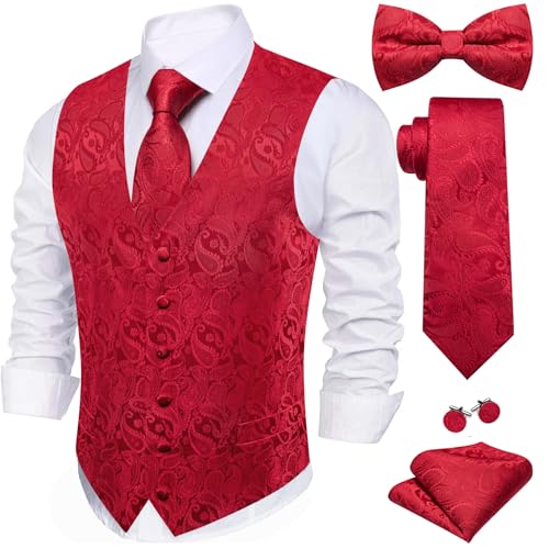 Image of Barry.Wang Men's Suit Vest Tie Bowtie Set Formal Silk Paisley Waistcoat Hanky Cufflinks Lapel Pin Set Wedding Party 7PCS