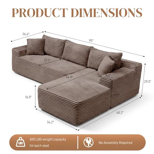 Image of 95 inch L Shaped Cloud Boneless Sectional Couches for Living Room, Modern Comfy Modular Deep Seat Memory Foam Compressed Corduroy Sofa Oversized Right Facing Chaise, No Assembly Required, Brown