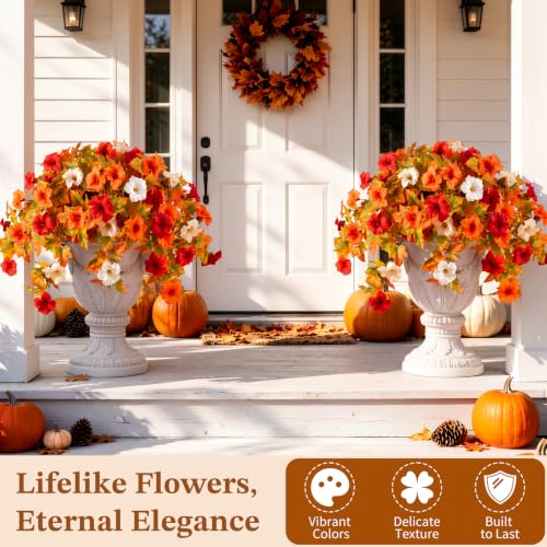 Image of Lewondr Artificial Fall Hanging Flowers UV Resistant Silk Petunias, Mixed | White & Orange Morning Glory, No Watering Needed, Fade Proof, for Porch Patio Yard Baskets, Autumn Decor, Indoor Outdoor Use