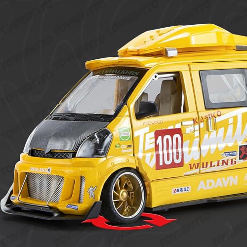Image of 1:24 Wuling Hongguang Graffiti Racing Van Toy Die-Cast Model Bus with Light, Sound Door Open & Pull Back Action,Mini Van Toy for Kids & Collectors Yellow
