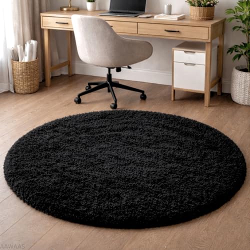 Image of Premium Polyester Shaggy Round Rug - Ultra Soft Fluffy Circle Carpet for Bedroom, Living Room, Kids Room, Anti-Skid Plush Floor Rug - (Black, 4 feet|120cm)