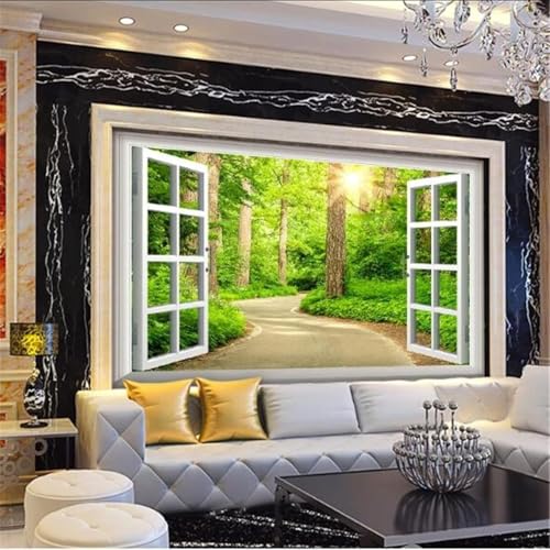XLMING Ventanas Verde Bosque Sol Arte 3D Papel Pintado Lujo Casa Sala Decoración Estar Comedor Sofá Dormitorio TV Fondo de Pared-430cm×300cm