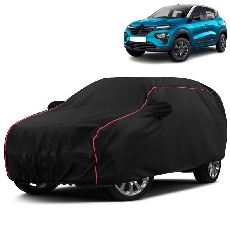 Water-Resistant Dustproof Car Cover for Renault Kwid - Mirror Pocket, UV Protection, Scratch Guard, Buckle Belt, Front & Back Bottom Elastic with Red Piping - Black-image-13