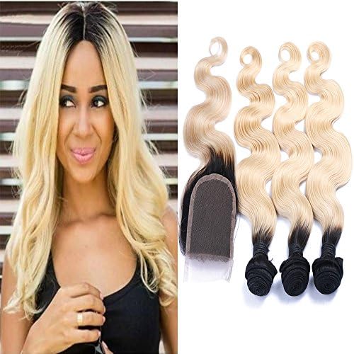 Carina Hair Dark Roots Blonde T1B/613 Ombre Virgin Body Wave Peruvian Hair With Closure 3 Bundles With 1 Closure Size:24 26 28Inch+22Inch Closure
