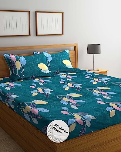 DECOMIZER Cotton Feel All Around Elastic Fitted Glace Printed King Size Double Bed Bedsheet With 2 Large Pillow Covers Fits Upto Mattress Of 8 Inches,