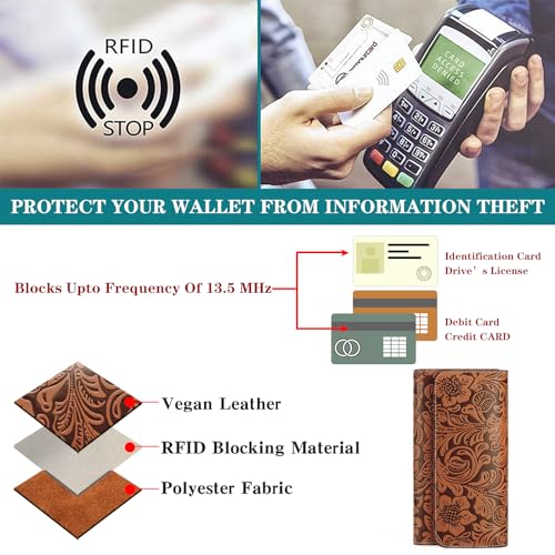 GOIACII Women's Wallet RFID Blocking Long Clutch Ladies Purse Vegan Leather Embossed Flower Brown4