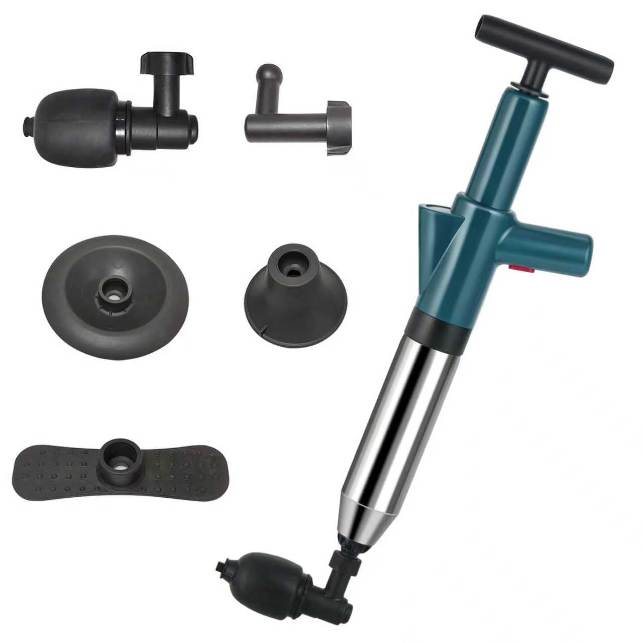 Pipe Cleaner Compressed Air, Drain Cleaner Pump with Air Compression and Air Pressure Display, Compressed Air Pipe Cleaner with 4 Suction Cups and Without Hole Hanger for Toilets, Bathrooms, Kitchens,